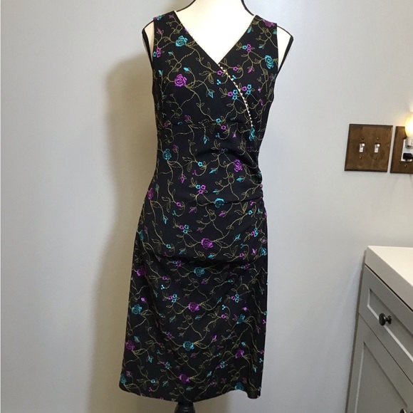 Vintage 90s Nicole Miller Floral Midi Embroidered Lace V-Neck Black Dress Size 8 - Picture 16 of 16